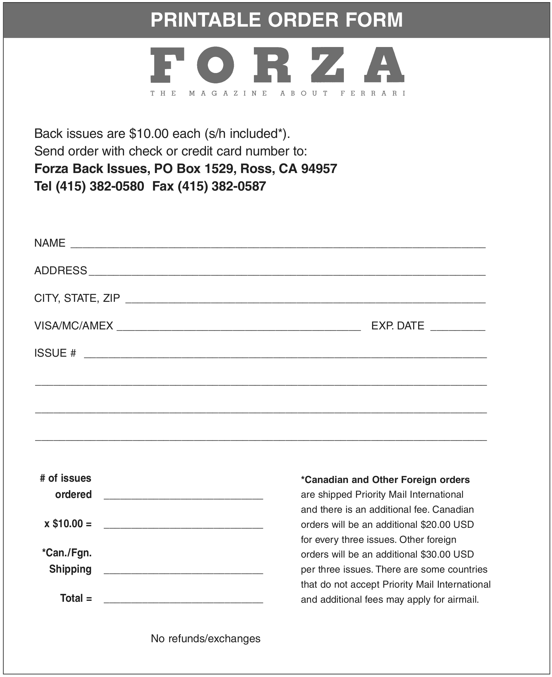 Forza Back Issues Order Form